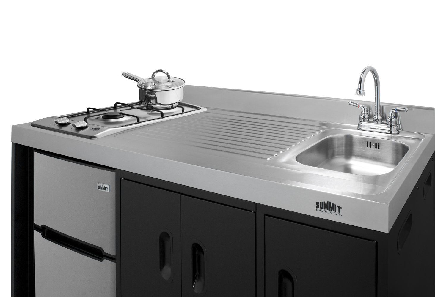 54 inch wide all-in-one kitchenette in black with a removable 2-burner 115V smooth top cooktop, 2-door refrigerator-freezer, sink, and two storage cabinets